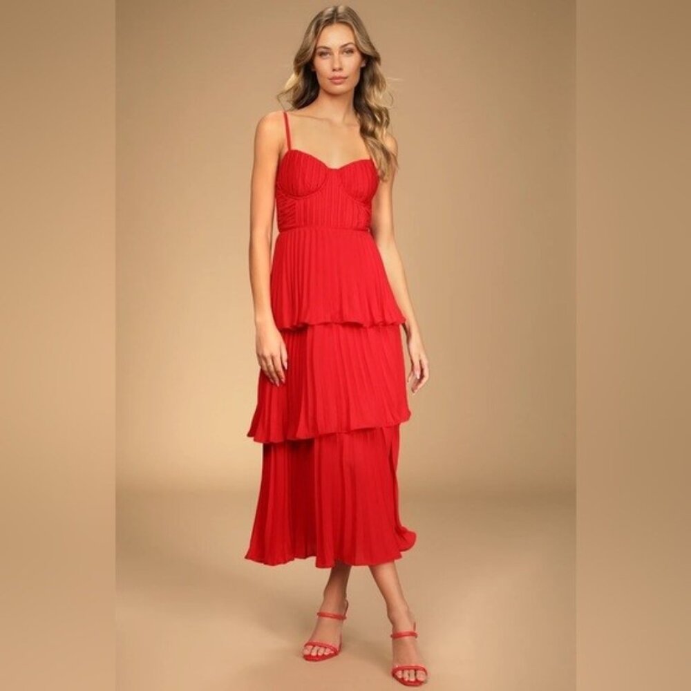 Lulu’s Cascading Crush Tiered Bustier Midi Dress – Red